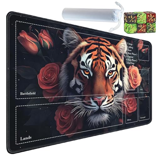 for MTG Card Playmat with Zones-Includes A Storage Bag and 6 Dice, 24 x 14 inches for TCG Playmat with Non-Slip Rubber, Game Mat, Mighty Tiger - color: Yux-playmats-2-2A-279