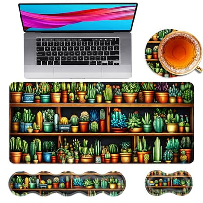Large Mouse Pad and Keyboard Wrist Rest, Desk Pad for Keyboard and Mouse, 4-in-1 Large Gaming Mouse Pad with Wrist Support, Desk Mat for Home Office Study Game,Cactus and Succulents - color: Cactus and Succulents