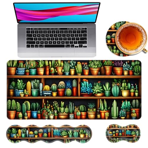 Large Mouse Pad and Keyboard Wrist Rest, Desk Pad for Keyboard and Mouse, 4-in-1 Large Gaming Mouse Pad with Wrist Support, Desk Mat for Home Office Study Game,Cactus and Succulents - color: Cactus and Succulents