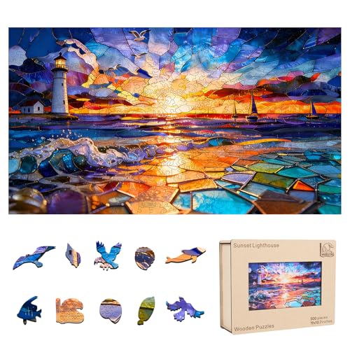Leodozzio 500Pcs Wooden Jigsaw Puzzle Sunset Lighthouse Decor 10.7x19in | 5mm Thick LightHouse design,hand-painted unique shape pieces,Sunset Wall Decor,brain teaser,Relaxing Gift for Adults&Teens - color: Sunset Lighthouse, size: 500 pieces