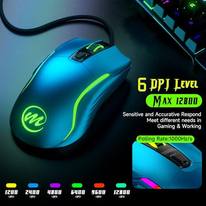 memzuoix Wired Gaming Mouse with RGB - 6 Adjustable DPI up to 12800, 6 Buttons, 12 Lighting Modes, Ergonomic Design with Anti-Slip Rubber Wheel, 5.6ft Braided Cable for PC/Mac/Windows - Blue - color: blue