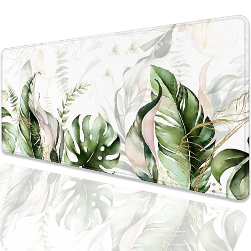 Green Tropical Leaves Mouse Pad Desk Pad,Green Sage Plant Extended Gaming Mouse Mat with Stitched Edges Non-Slip Waterproof Rubber Base Mous Mat for Office Home Game Desk Pad(27.5X11.8 in) - color: Green Tropical Leaves