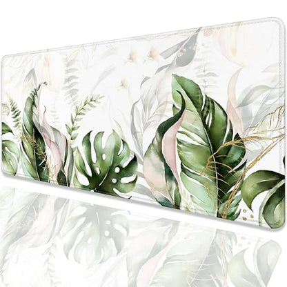 Green Tropical Leaves Mouse Pad Desk Pad,Green Sage Plant Extended Gaming Mouse Mat with Stitched Edges Non-Slip Waterproof Rubber Base Mous Mat for Office Home Game Desk Pad(27.5X11.8 in) - color: Green Tropical Leaves