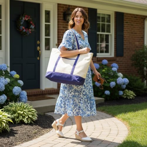 Extra Large Heavy Duty Canvas Tote Bag - 22 Inches Wide, Zipper Top, Sturdy, Double Stitched, 100% Cotton, Reusable, Washable - Perfect for Picnic, Grocery, Beach, and Shopping Bag (Navy Blue) - color: Navy Blue