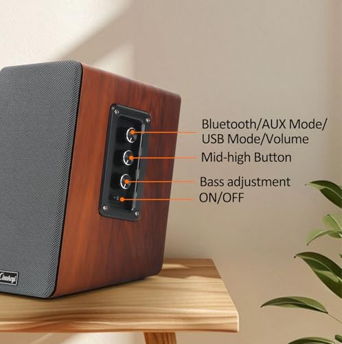 PC Speakers 50W,Wooden 2.0 Bookshelf Speakers | Bluetooth, RCA, AUX (3.5mm), USB (DSP) Inputs | Strong Bass Computer Speakers for Turntable, TV, Laptop,Record Player