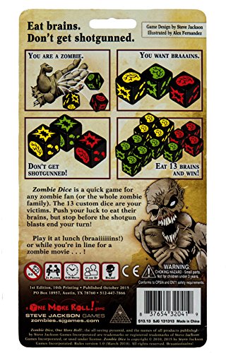 Steve Jackson Games Zombie Dice | Fast Press-Your-Luck Dice Roller with Brains and Shotguns, Quick Zombie Apocalypse Fun for 2+ Players, Ages 10+