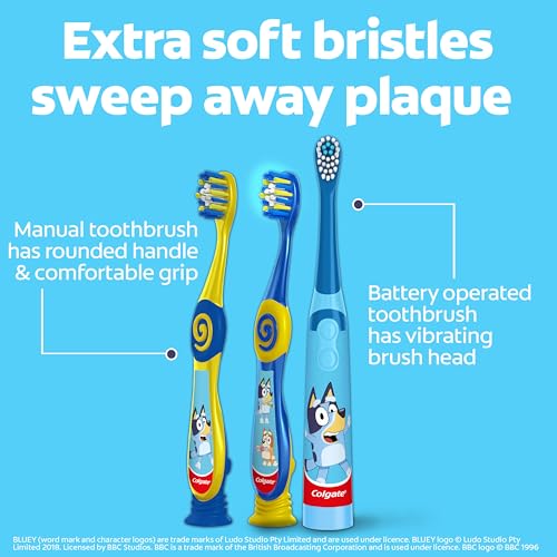Colgate Kids Bluey Toothbrush and Kids Toothpaste Gift Set, Includes Bluey-Themed Battery Toothbrush, 2 Bubblegum Flavored Fluoride Toothpastes, and 2 Manual Toothbrushes - style: Bluey