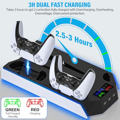 PS5 / PS5 Slim Cooling Station Stand LED with Dual Controller Charging Station for PlayStation 5 Console, PS 5 Accessories Incl. Controller Charger, Cooling Fan, Headset Holder, 3 USB Hub-White&Black - color: RGB WHITE & BLACK