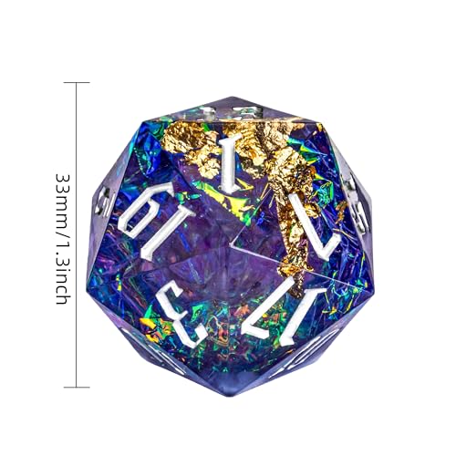 Cusdie Single D20 DND Dice with Sharp Edges and Glitter Foil Inclusions, 20 Sided D&D Dice, 33mm Handcrafted Polyhedral Dice, for Role Playing Game (Purple Blue) - color: Purple Blue