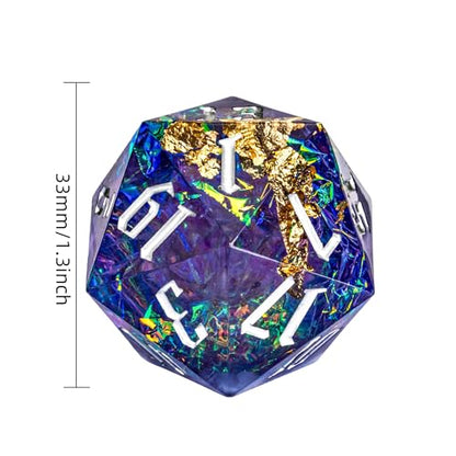 Cusdie Single D20 DND Dice with Sharp Edges and Glitter Foil Inclusions, 20 Sided D&D Dice, 33mm Handcrafted Polyhedral Dice, for Role Playing Game (Purple Blue) - color: Purple Blue
