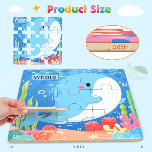 Zeoddler Wooden Puzzles for Toddlers, 8 Pack Sea Animal Jigsaw Puzzles for Kids3-5, 9 Pieces Preschool Learning Activities, Learning & Educational Toys, Gift for Boys, Girls - style: Sea Animal