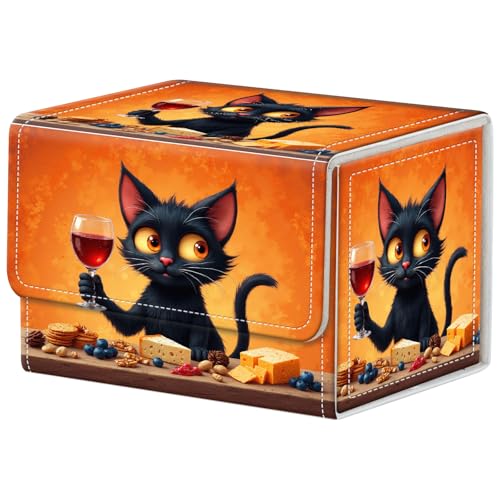 Cat Drinking Wine Deck Box for MTG Commander | Holds 100+ Double-Sleeved Cards | Strong Magnetic TCG Card Case for Collectible Games - color: Cat Drinking Wine