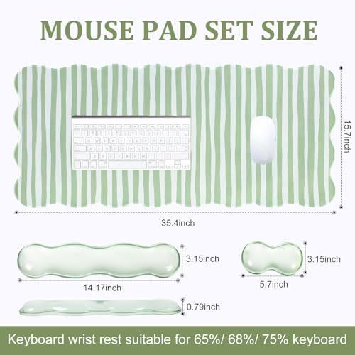 L-SPOUTTO Green Striped Mouse Pad Set,Scalloped XXL Desk Mat + Ergonomic Mouse Wrist Rest + Gel Keyboard Wrist Rest for Keyboard 65%/75%,3in1 Large Desk Pad for Desktop Home Office Computer Game - color: Green Striped