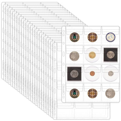 25 Sheets Coin Pocket Pages - 12 Pocket Standard 9-Hole 300 Pockets Inserts Collecting Sleeves for Coins [67mm X 63mm Each Pocket] CS0312512 - color: 12 Pocket(63mm X 67mm Each Pocket), size: 25 Sheets