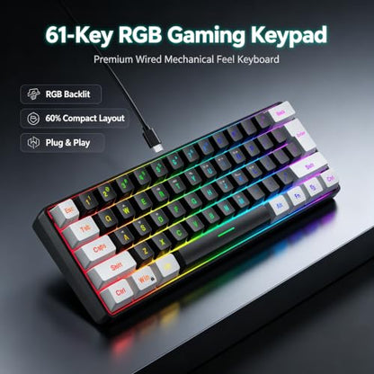 Snpurdiri 60% Wired Gaming Keyboard, Small RGB Backlit Membrane Gaming Keyboard, Ultra-Compact Mini Waterproof Keyboard for PC Computer Gamer White and Black | Backlit Small Membrane Gaming Keyboard for PC Computer Gamer - color: White and Black