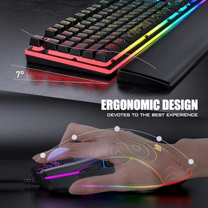 RedThunder K10 Wired Gaming Keyboard & Mouse Combo with Wrist Rest, Adjustable RGB Mechanical Feel Anti-ghosting Keyboard + 7D 7200 DPI Mouse+Soft Leather Wrist Rest for PC Gamers (Black Lines) - color: Black Lines