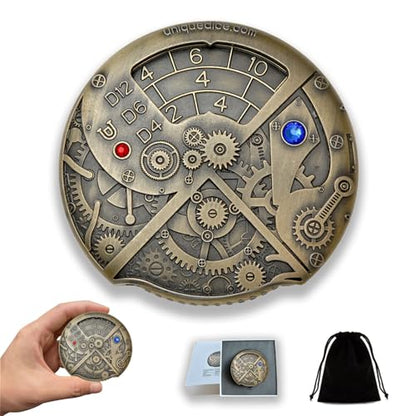 UD Unique Roulette Dice Mechanical Dice Spinner DND Steampunk Metal Dragons D and D Dice Set with TRPG DND Dice 7-in-1 Spinner Metal D&D Dice Set Role Playing Games Players DM Game Masters - color: 01 Brass