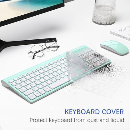 Wireless Keyboard and Mouse Ultra Slim Combo, TopMate 2.4G Silent Compact USB 2400DPI Mouse and Scissor Switch Keyboard Set with Cover, Batteries Included, for PC/Laptop/Windows/Mac - Mint Green - color: Mint Green