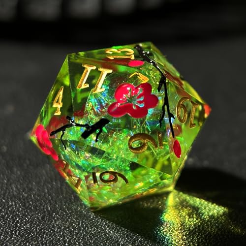 HAOMEJA Resin Flower Dice Set 7pcs/ Sharp Edged Polyhedral Dice/Apply to D&D/DND/RPG-MTG/Role Playing Table Game/Easter/Halloween Party Gift (Yellow Green & Gold Numbers) - color: 7 Yellow Green & Gold Numbers