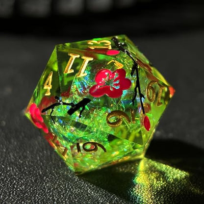 HAOMEJA Resin Flower Dice Set 7pcs/ Sharp Edged Polyhedral Dice/Apply to D&D/DND/RPG-MTG/Role Playing Table Game/Easter/Halloween Party Gift (Yellow Green & Gold Numbers) - color: 7 Yellow Green & Gold Numbers
