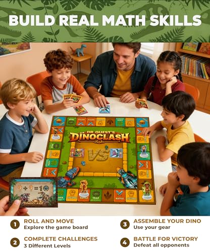 Dr. Quest Dino Clash Educational Math Board Game | Dinosaur-Themed Addition & Subtraction Game | Educational Family & Homeschool Math Game for Kids Ages 6–10