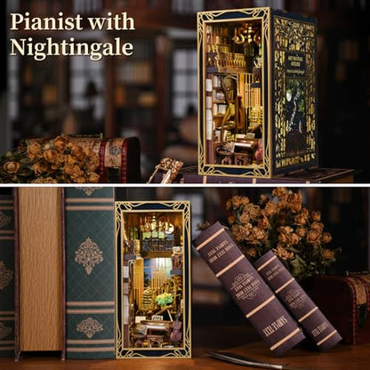 MiniCity Pianist and Nightingale Book Nook Kit, Wooden 3D Puzzle with LED | Create a moonlit piano room for display; LED, dust cover, glue/tools and guide included; 300 pieces, 6-8 hr build, ages 14+. - style: Pianist with Nightingale