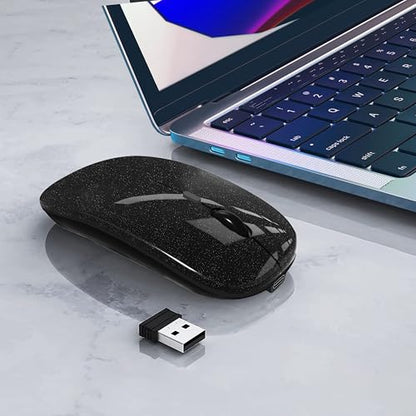WREANU Wireless Bluetooth Mouse Rechargeable Laptop Mice Silent Slim Use(Bluetooth5.2 and Portable 2.4GHz USB Receiver)Dual Mode Computer Mouse for Laptop/iPad/Tablet/Apple/Computer/Mac(Bright Black) - color: Bright Black