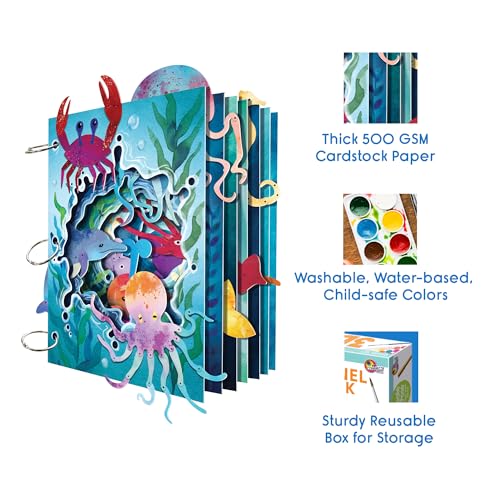 EyeConnect Crafts DIY 3D Tunnel Book Kit – Creative STEAM Art & Craft Set for Kids & Teens, Build, Paint & Make Your Own Book with Posable Interactive Animals & Characters (Ocean) | Build, paint, create a unique pop-in book with 12 posable animals! Screen