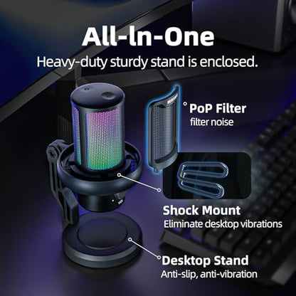 MRSDY USB Gaming Microphone for PC with Noise Reduction, Mute, Gain, RGB | Condenser Mic, Headphone Jack, Suitable for PC, Computer, PS4, PS5, Mac, Streaming, Podcasting, Recording, YouTube, Discord