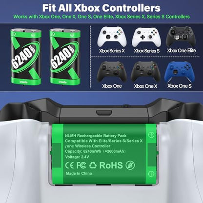 Rechargeable Battery Pack for Xbox Controller, 2x6240mWh Rechargeable Batteries Pack for Xbox One/Xbox Series X|S Xbox One S/Xbox One X/Xbox One Elite Controller Accessories Play and Charge Kit