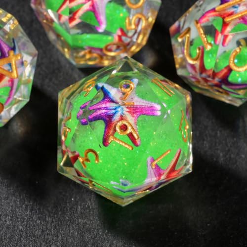 DND Dice Set Polyhedral, Translucent Liquid Core Dice, Resin Starfish-Green Glitter Design for Dungeons Dragons D and D TRPG Gaming Dice(Green Glitter) - color: Starfish-green Glitter
