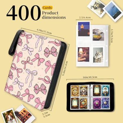 AXUASSILD 4 Pocket Card Binder, Premium Trading Card Holder Fits 400 Cards With 50 Removable Sleeves, Cute Portable Collection Card Ablum Holder Cute Pink Bowtie - color: Cute Pink Bowtie