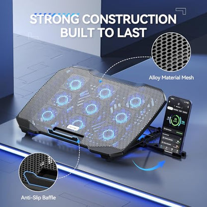 TECKNET Laptop Cooling Pad with Phone Stand, 9 Quiet Fans with LED Lights, 5 Height Adjustable & 2 USB Ports, Stepless Speed Control to 2600 RPM Laptop Cooler, Laptop Cooling Stand for 12-17.3 Inch