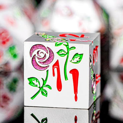 Gothic DND Dice Set Bleeding Rose Metal D and D Dice for use with Dungeons Dragons D&D Role Playing Game, Purple Red RPG Polyhedral Dice Set D20 D12 D10 D8 D6 D4 - color: Purple Red&silver&red Numbers