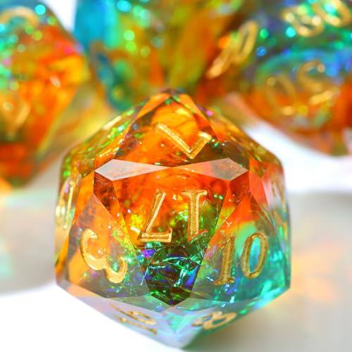 XENOLUX DND Dice Set Polyhedral Resin Dice with Diamond Cut Sharp Edges Holographic Foil Faceted Gemstone Two Color Mixed RPG TTRPG Board Games Tabletop Accessories with Metal Case - RD-Mixed2 - color: Rd-mixed 2