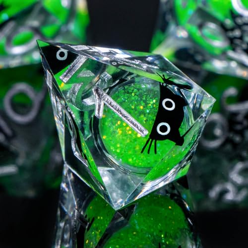 Roycevon Resin DND Dice Set with Gift Box, 7Pcs Liquid Core Cat D&D Dice, Cute Dungeons Dragons D and D Dice, Sharp Edge Role Playing Game Dice D20 D12 D10 D8 D6 D4, Green - color: Green