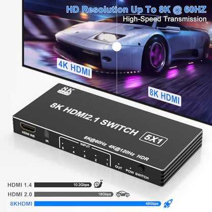 8K HDMI Switcher 5 in 1 Out, HDMI Splitter with IR Remote Switcher Selector Box Support 8K@60Hz 4K@120Hz, HDMI 2.1 Switch Compatible with PS 5/4/3 Xbox Switch Roku TV Fire Stick