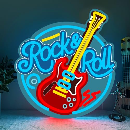 Rock and Roll Neon Sign Live Music Neon Signs for Wall Decor,Cool Guitar Shaped Led Lights Up Sign for Music Studio,Bedroom Party,Bar,Man Cave,Best Gift for Guitar Hobbies - color: LB-UV-RockRoll