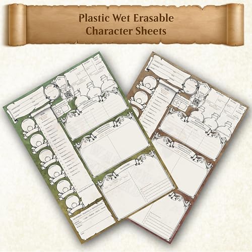 DND Character Sheets with Hand Drawn Artwork. Wet Erase Plastic Sheets Compatible with Dungeons and Dragons 5e & 2024 Player’s Handbook. Set of 6 (Green & Brown). - style: 6 pack