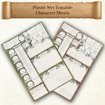 DND Character Sheets with Hand Drawn Artwork. Wet Erase Plastic Sheets Compatible with Dungeons and Dragons 5e & 2024 Player’s Handbook. Set of 2 (Green & Brown). - style: 2 pack