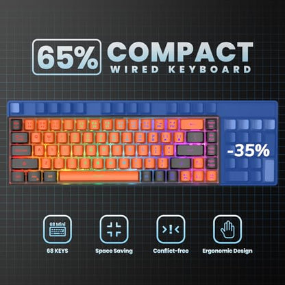 GEODMAER 65% Gaming Keyboard, LED Backlit Mini Wired Keyboard, Ultra-Compact Anti-Ghosting No-Conflict 68 Keys Membrane Gaming Wired Keyboard for PC Laptop Windows Gamer(Orange-Black) - color: Orange-Black