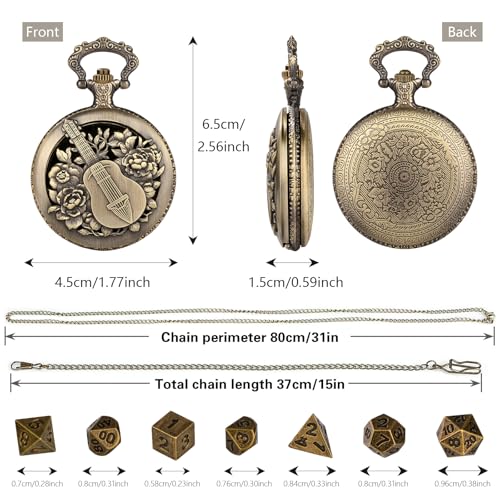 Mini DND Dice Set Steampunk Hollow Bard Pocket Watch Shell Case, 7pcs Tiny Polyhedral Metal D&D Dice Set, DND Gifts with Gift Box, Role Playing Board Games Accessories, Bronze - color: Bard