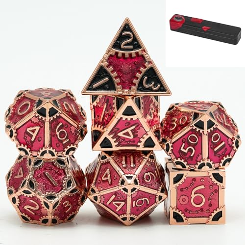 UDIXI Metal DND Dice Set 7PCS Polyhedral D&D Dice Set for Role Playing Game | 7PCS, Red, Steampunk Gear Carved, Solid Metal, Metal Gift Box, DM Gift, for Dungeons and Dragons RPG Tabletop Games - color: Gear-red Copper
