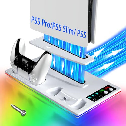 PS5/Slim/Pro Stand and Cooling Station with LED Controller Charging Station for PlayStation 5 Console,Accessories Incl.Controller Charger, PS5 Cooling Fan,USB Hub - color: Line RGB-White