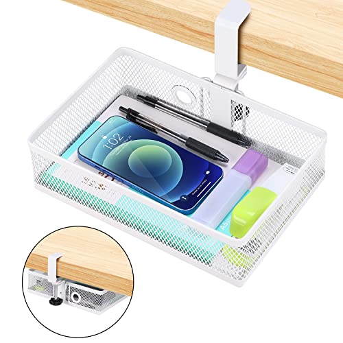 ROSYLINE Under Desk Storage Basket Hanging Drawer Tray, Clamp On Organizer | Thickened C-Clamp, High Load No Deformation Sag-Proof, Steel Construction, Clip-On No Drill Mount, Office & Household Storage - color: White-Clamp-On