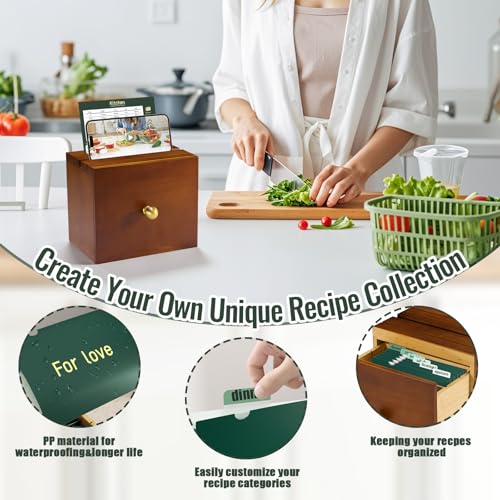 Pine Wood Recipe Box Set, Drawer Style with 100 4x6 Cards | Fits 3x5 and 4x6 cards for cooking, baking and preserving family recipes; a gift for weddings, housewarmings and holidays - color: Reddish Brown