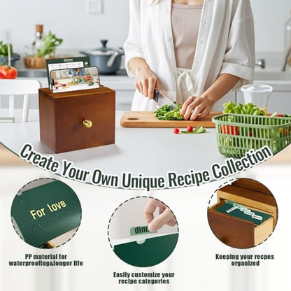 Pine Wood Recipe Box Set, Drawer Style with 100 4x6 Cards | Fits 3x5 and 4x6 cards for cooking, baking and preserving family recipes; a gift for weddings, housewarmings and holidays - color: Reddish Brown
