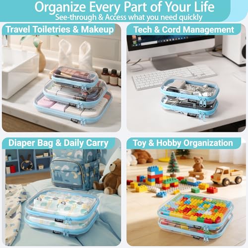 YQBRAO 4-Pack Clear Hard Shell Zipper Case, 1.2mm Ultra-Thick Diaper Bag Organizer Pouches, Rigid Self-Standing Travel Makeup Bags with YKK Zippers, TSA Approved, Blue - color: Blue, size: 4 Pack(S)