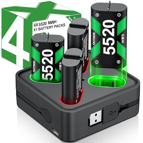 DINOSTRIKE Rechargeable Battery Pack & Charger Station for Xbox Series X|S, Xbox One Controllers - Includes 4 Battery Packs for Xbox with USB-A & USB-C Charging