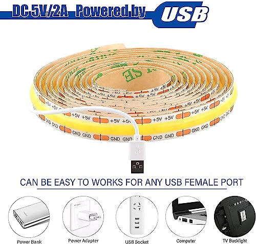 4.9ft LED Strip Lights Dimmable, 5V Warm White Plug in USB COB String | 3000K Dotless Rope Lighting, Flexible and Cuttable, CRI 90, Sticky Tape for TV Backlight, Cabinet, Mirror, Bed, Computer, DIY - size: 4.92ft-3000K-USB Dimmer